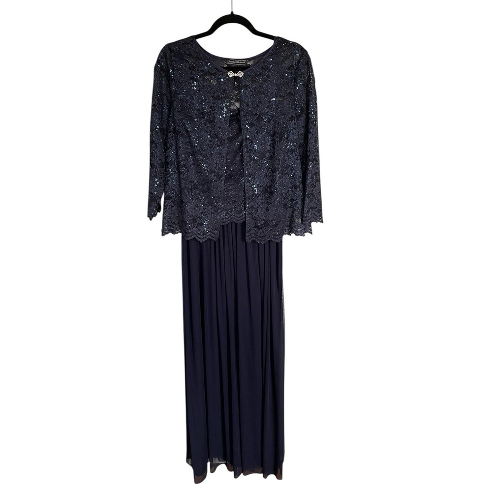 Jessica Howard Sequin Lace Jacket Formal Dress Mother Bride Groom Navy Blue 16